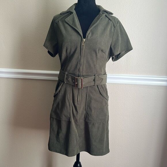 Women's Corduroy Zipper Mini Dress Army Green Size Small - Picture 1 of 5
